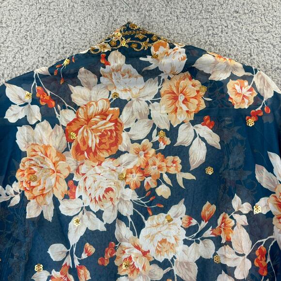 Boho Wrap Floral Art Scarf 35x89 Beachy Sarong Gold Sequins Teal Blue Peach - Picture 8 of 8